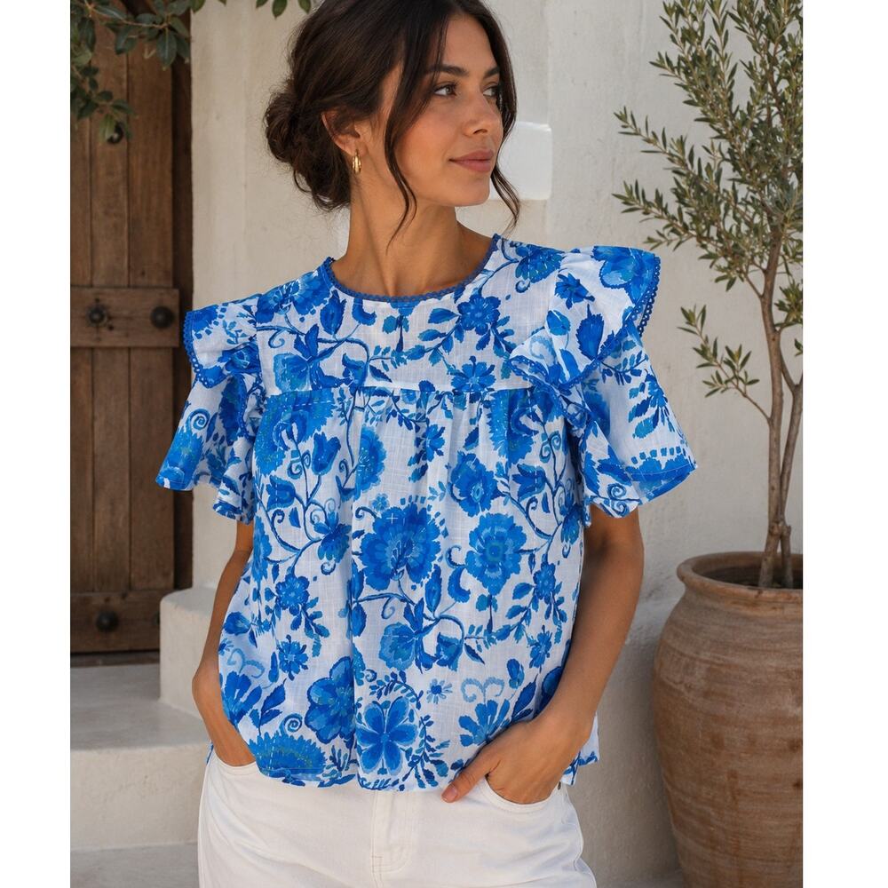 NEW Versona Blue Floral Blouse Medium Boho Ruffle Sleeve Summer Lightweight